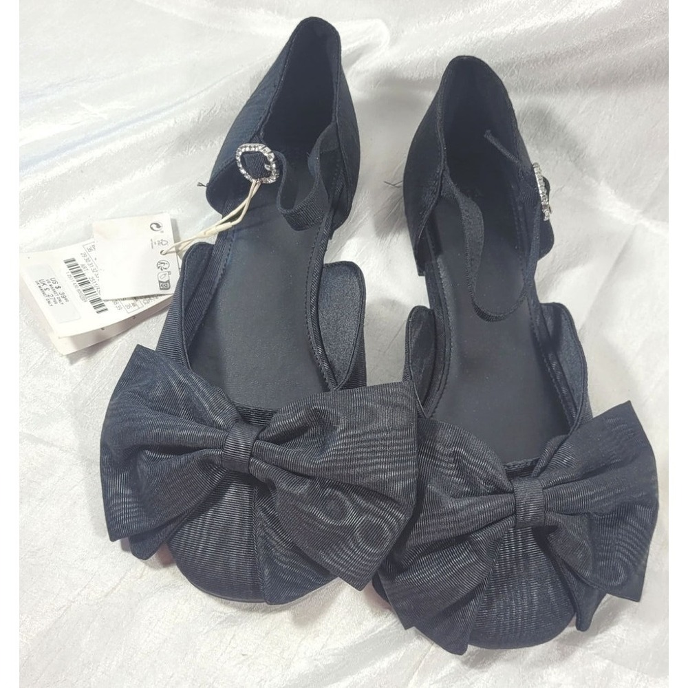 Zara Women's Polyester Large Bow Ballet Flats w/ Rhinestone Buckle - Black - US4